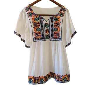 Womens White Embroidered Boho Peasant Tunic Top Short Sleeve Festival Shirt
